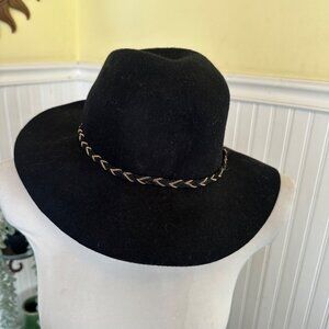 Wide-Brim Black Wool Fedora With Braided Metallic Gold Accent Band
